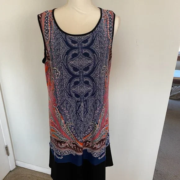 MSK Sleeveless Paisley Tunic Dress Size Large Navy Coral Boho Shift - Picture 2 of 5